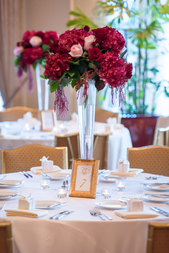 floral arrangement at wedding reception