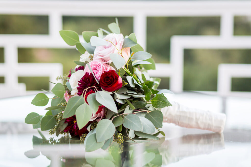 wedding bouquet on a glass table