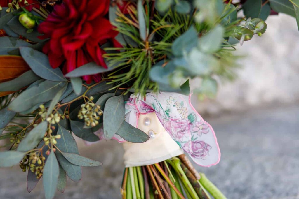 bridal bouquet with handkerchief lake tahoe wedding