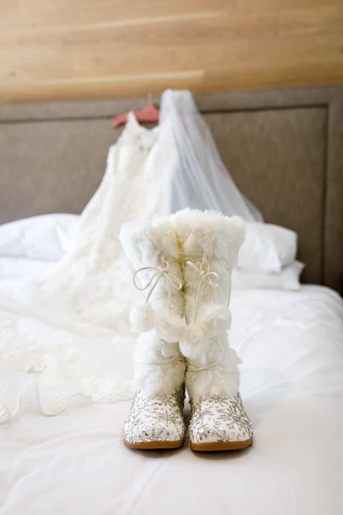 snow boots and wedding dress lake tahoe wedding photography