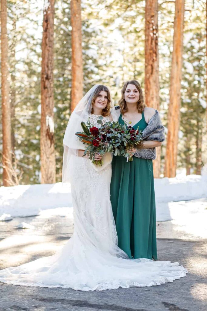 bride and bridesmaid portrait lake tahoe wedding