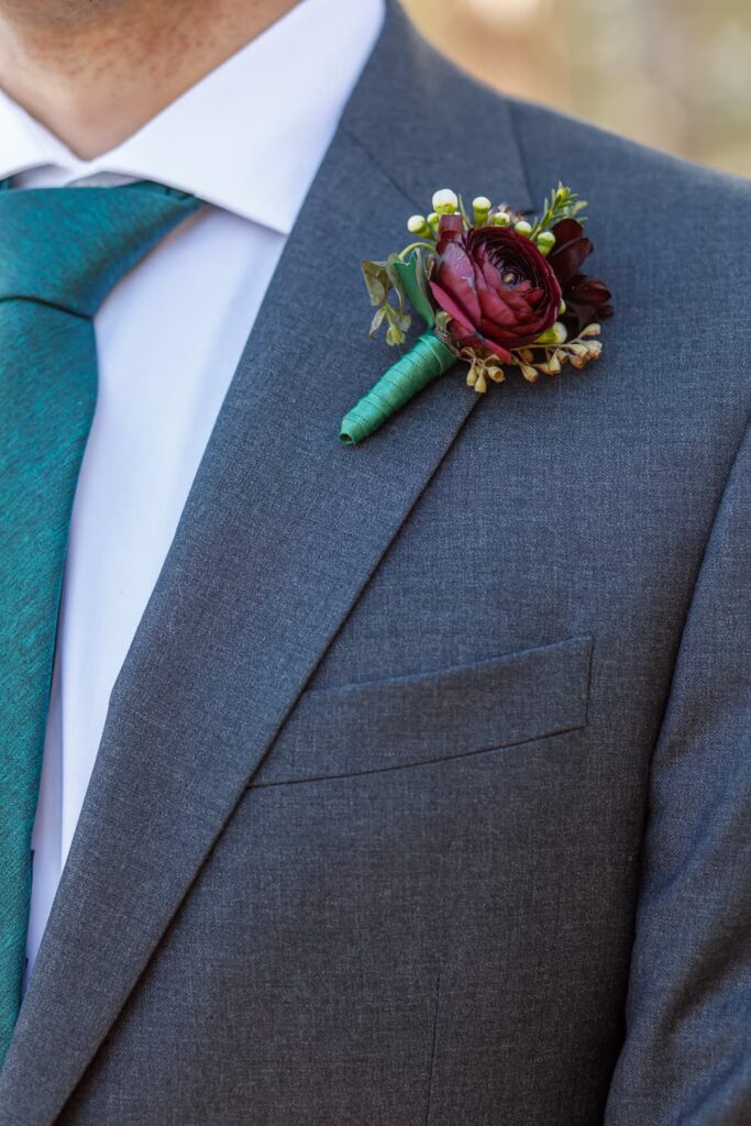 close up of grooms boutonniere lake tahoe wedding