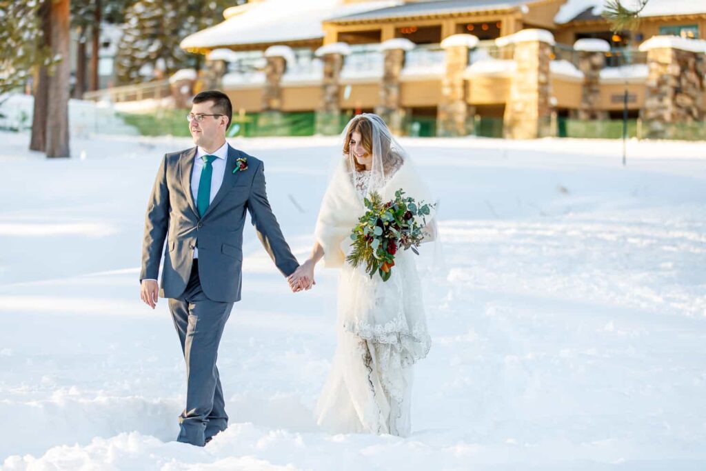 bride and groom walking chateau incline village lake tahoe wedding