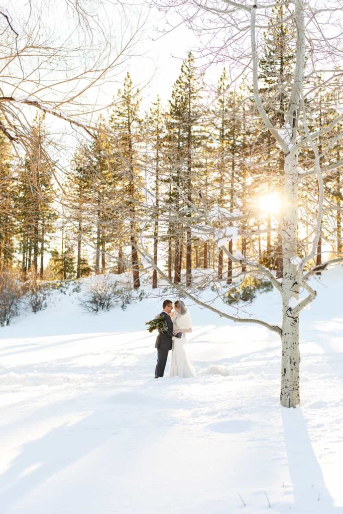 bride and groom in snowy forest lake tahoe wedding