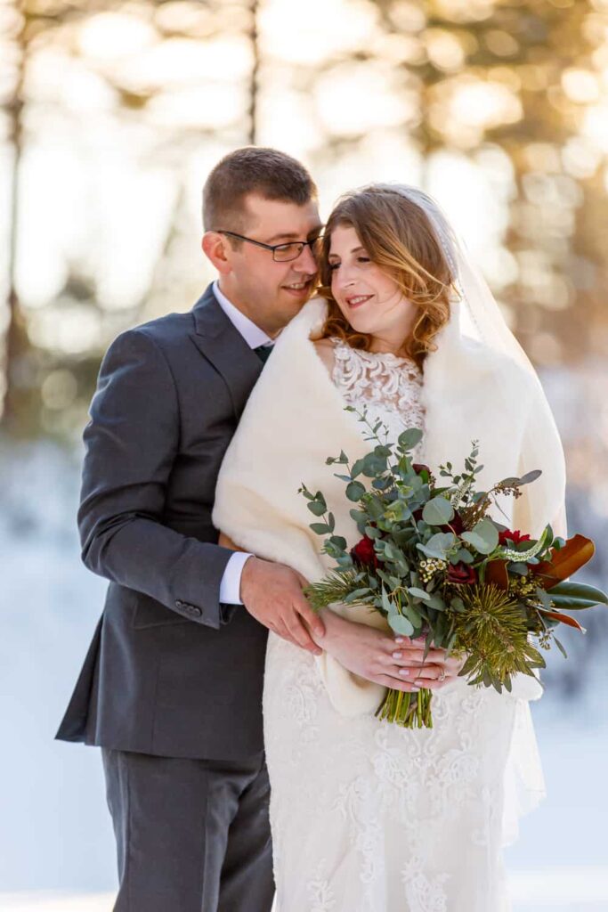 bride and groom winter snow lake tahoe wedding