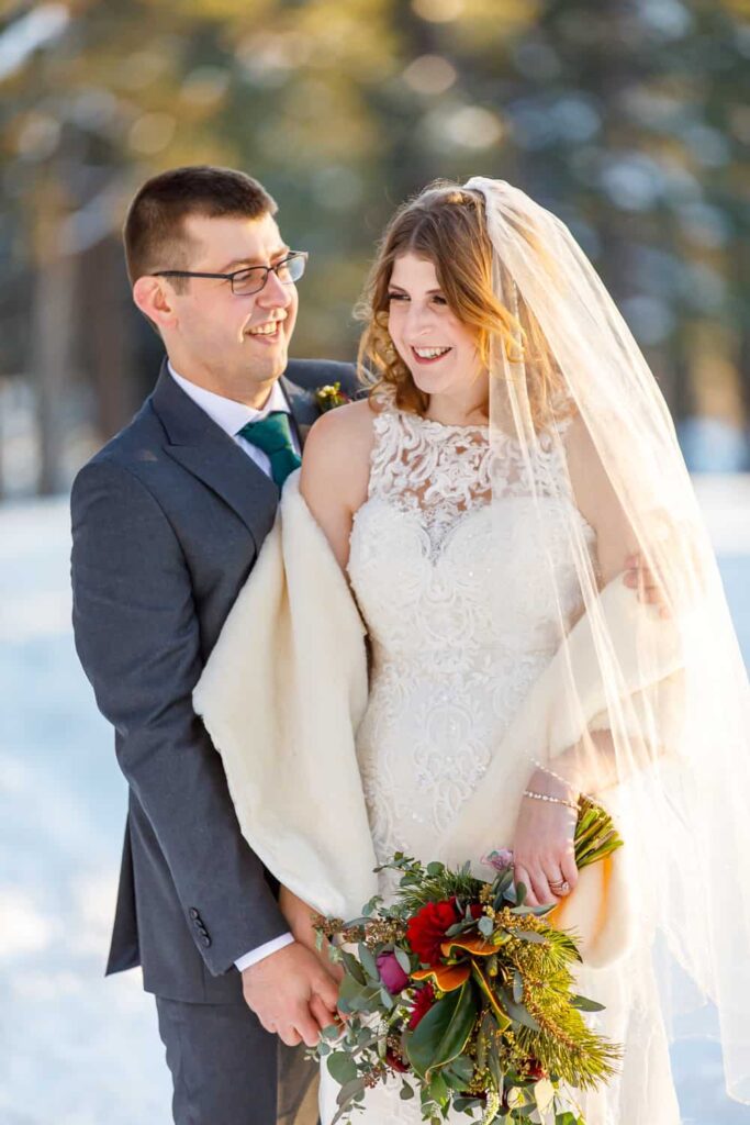 bride and groom in the snow lake tahoe wedding