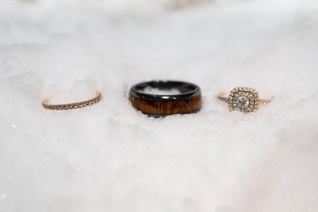 wedding and engagement rings in snow lake tahoe