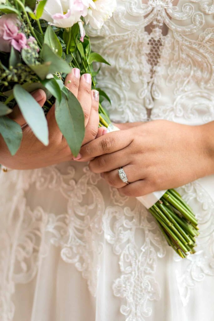 brides ring against bouquet Santa Barbara Wedding