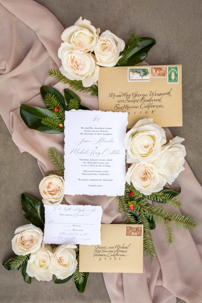 wedding invitation flat lay with flowers