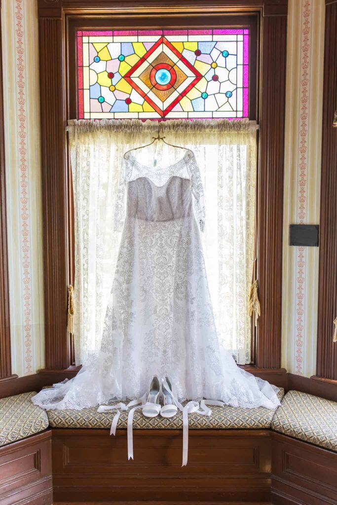 wedding dress hanging at Camarillo Ranch