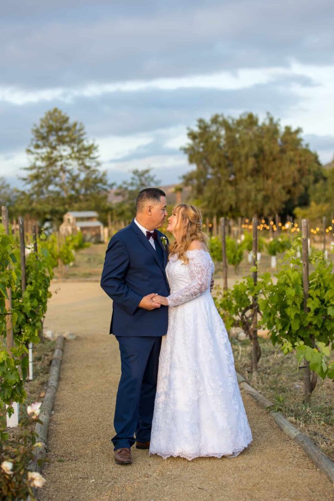 wedding couple together in a vineyard