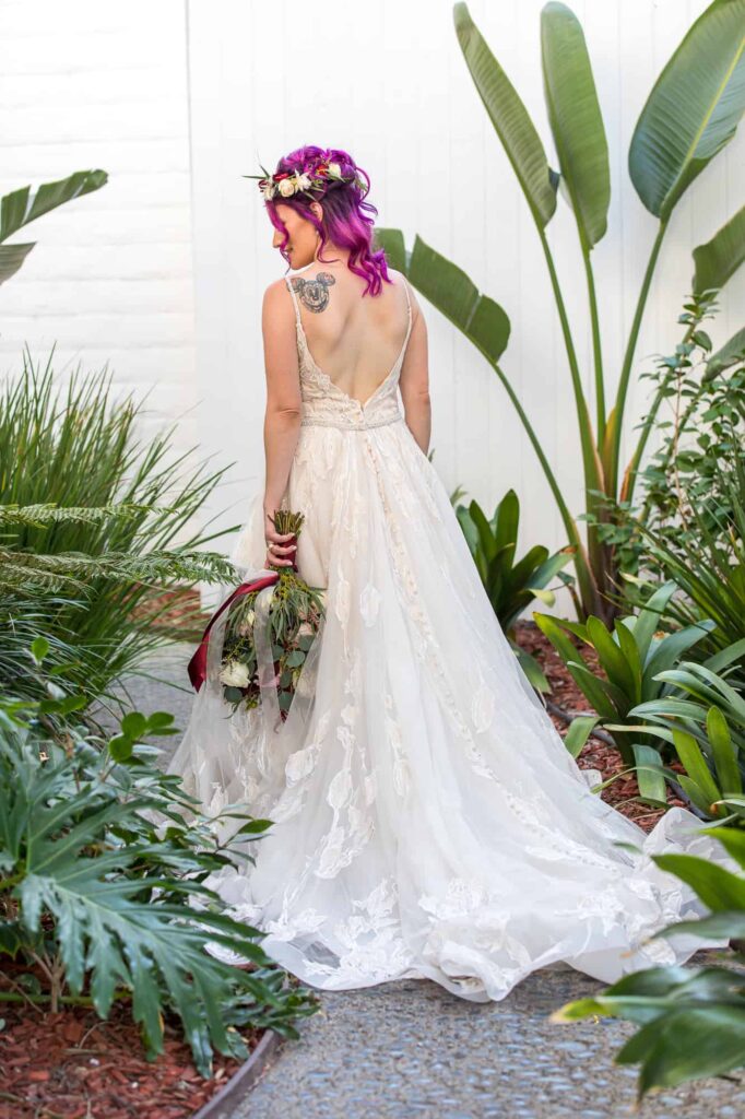 bride with pink hair at her wedding