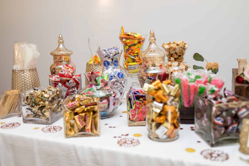 dessert and candy table at a wedding at palm garden