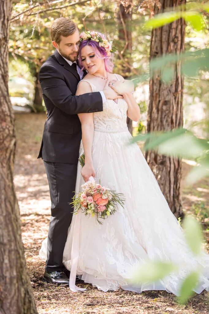 bride and groom in a forest
