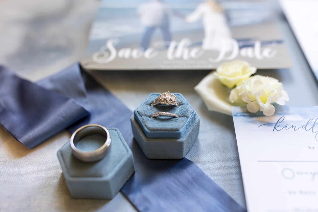 wedding ring in a blue velvet ring box