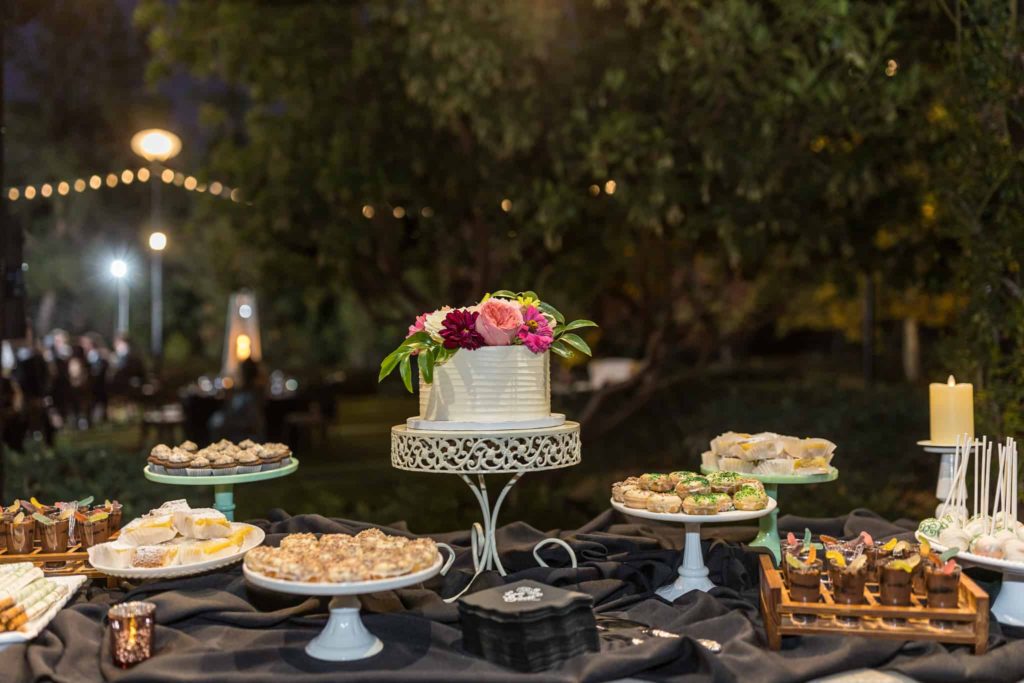wedding cake and dessert table at los robles greens