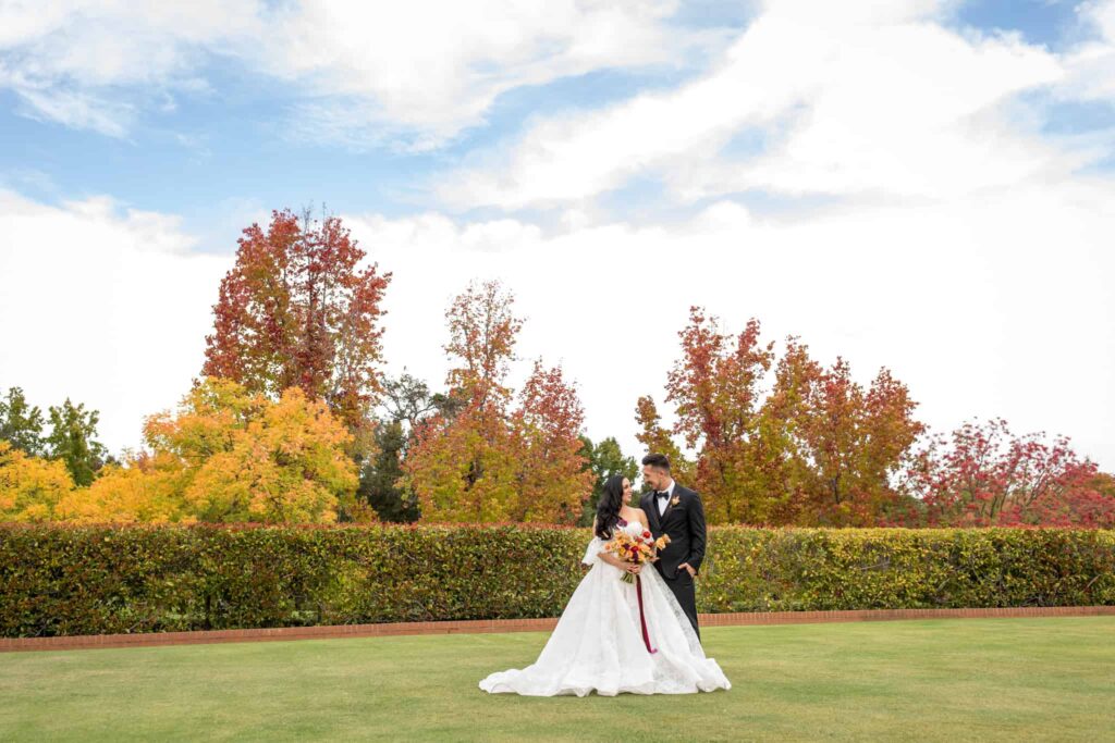 fall wedding photos at Sherwood Country Club in Thousand Oaks with bride and groom looking at each other