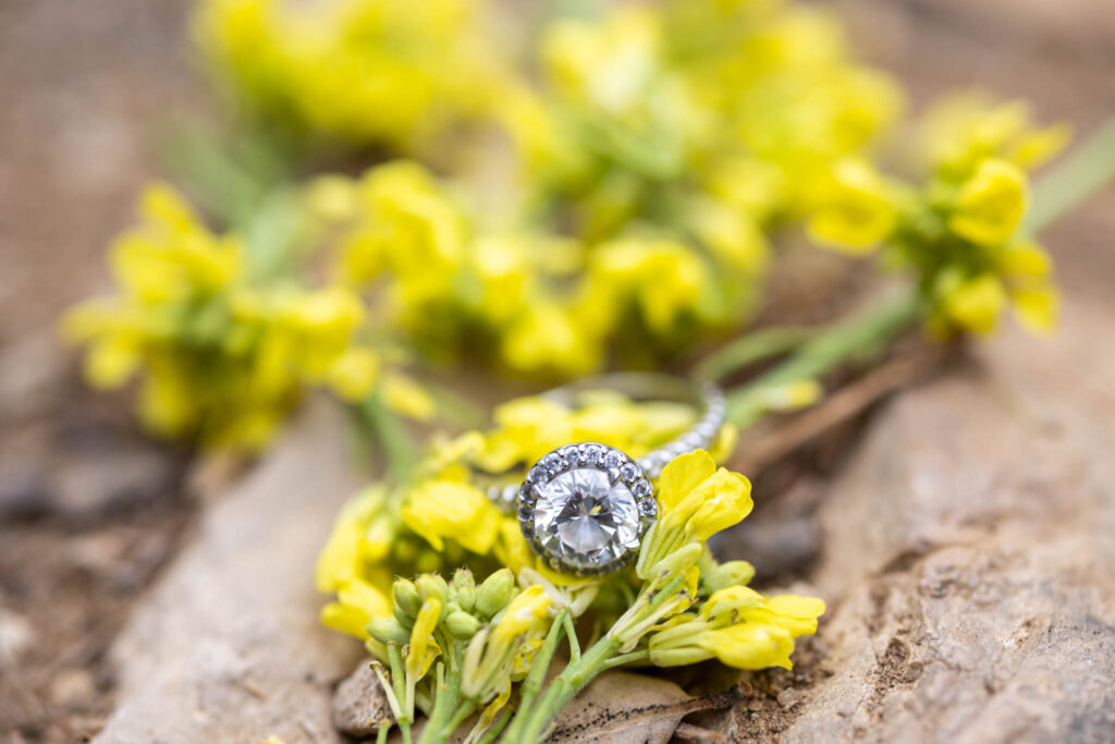 detail shot of engagement ring sitting on top of a yellow flower