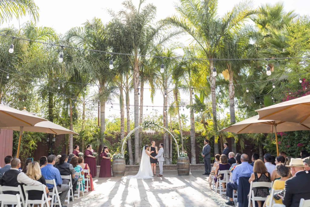 outdoor ceremony space with tall pam trees and string lights over head at Rancho De Las Palmas taken by Ventura wedding photographer