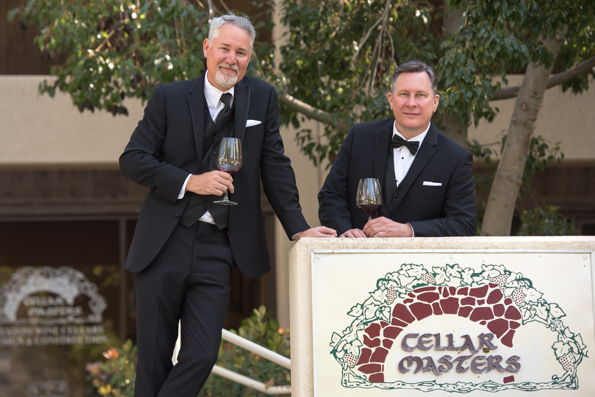 groom and best man outside wine cellar Spanish hills country club wedding