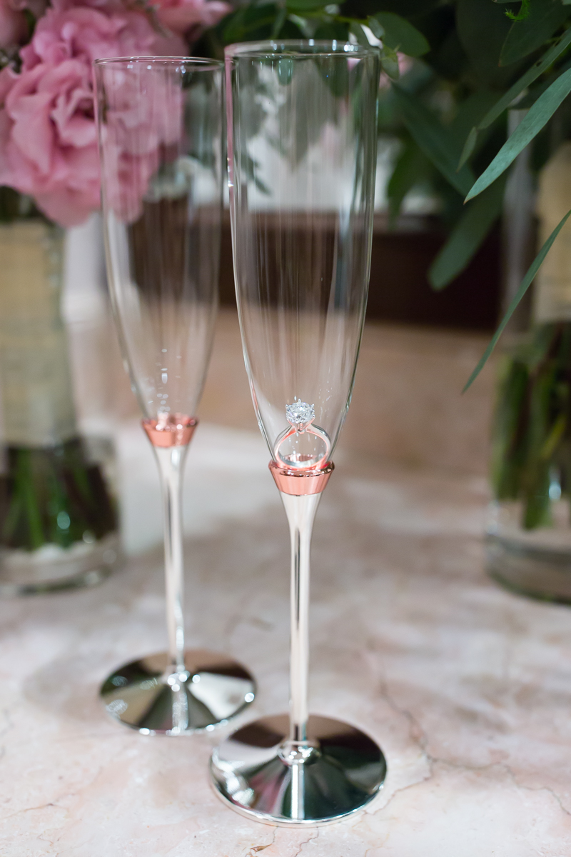 champagne flute with ring inside Spanish hills country club wedding